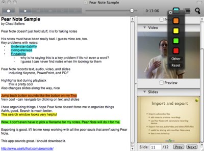 Highlighting in Pear Note 1.3 showing the color chooser